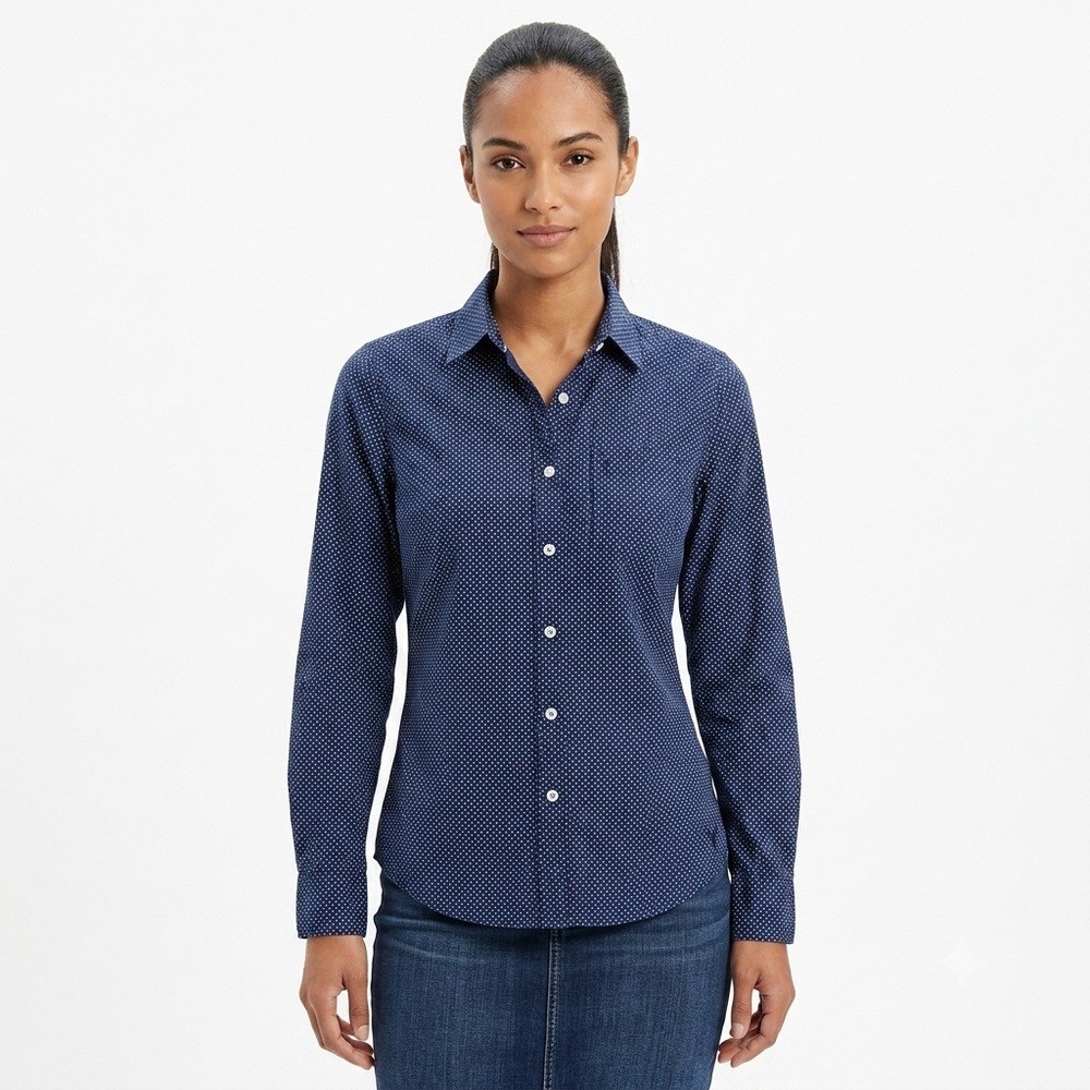 American Eagle Button Down Shirt Women XS Navy Blue Micro Dot Athletic Fit